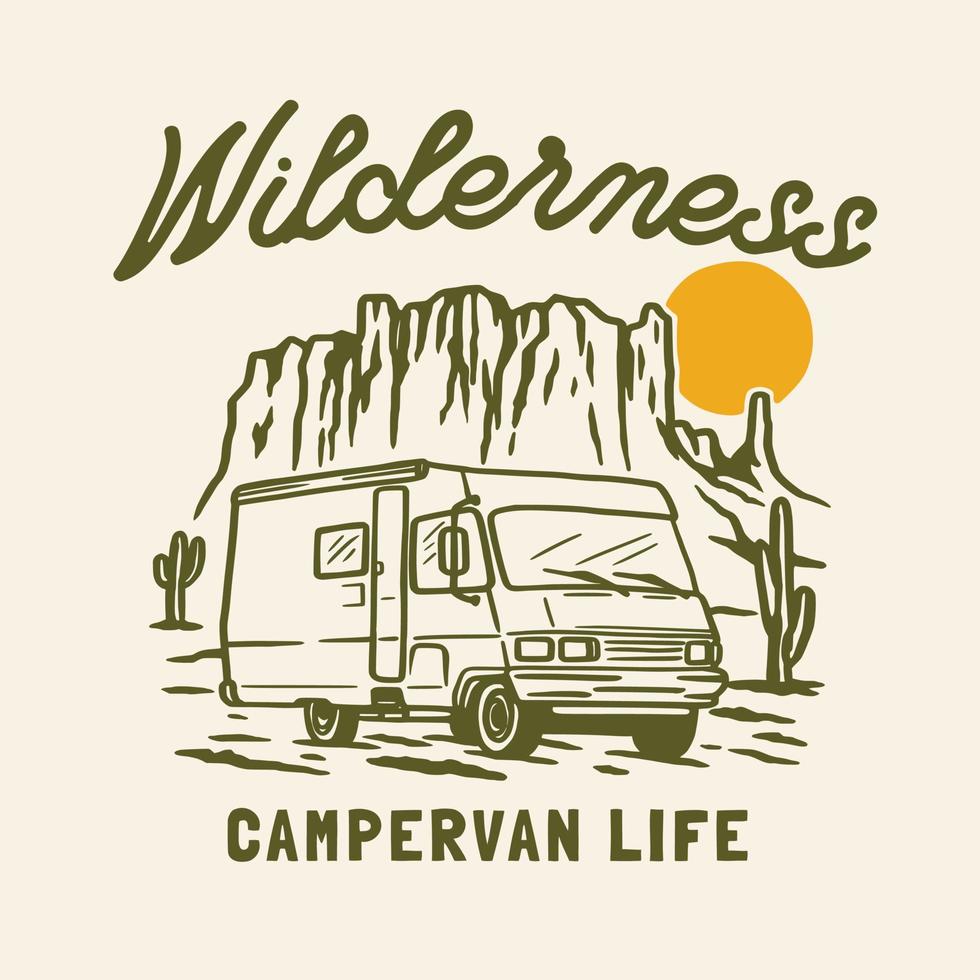 campervan outdoor-abenteuer handgezeichnete linie abenteuer illustration logo-abzeichen vektor