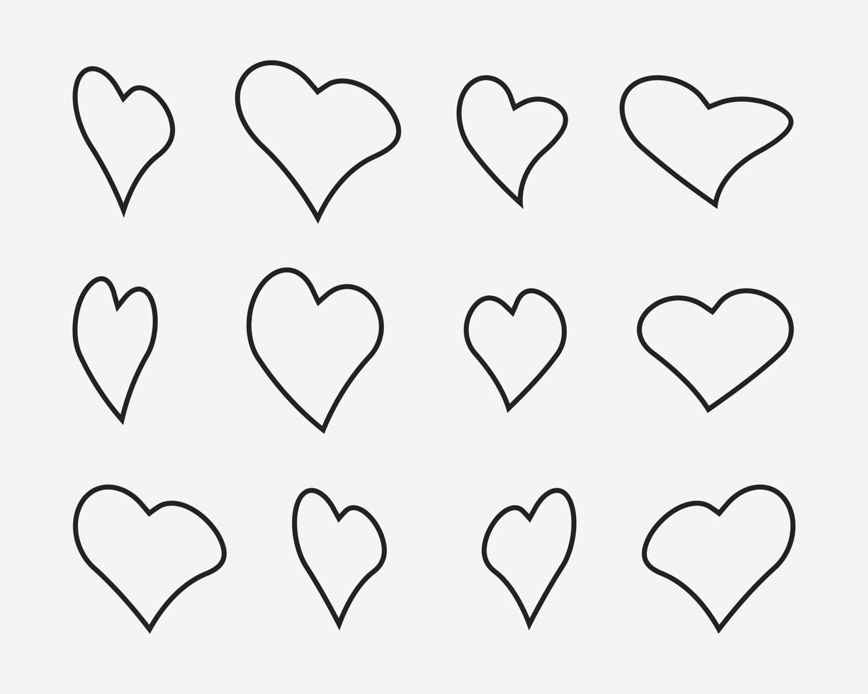 Gekritzelliebesherz. liebevolle niedliche handgezeichnete skizzierte herzen, doodle valentine herzform zeichnungselemente für grußkarten und valentinstag design vektor isolierte symbole gesetzt. skizzenhaftes amour pack