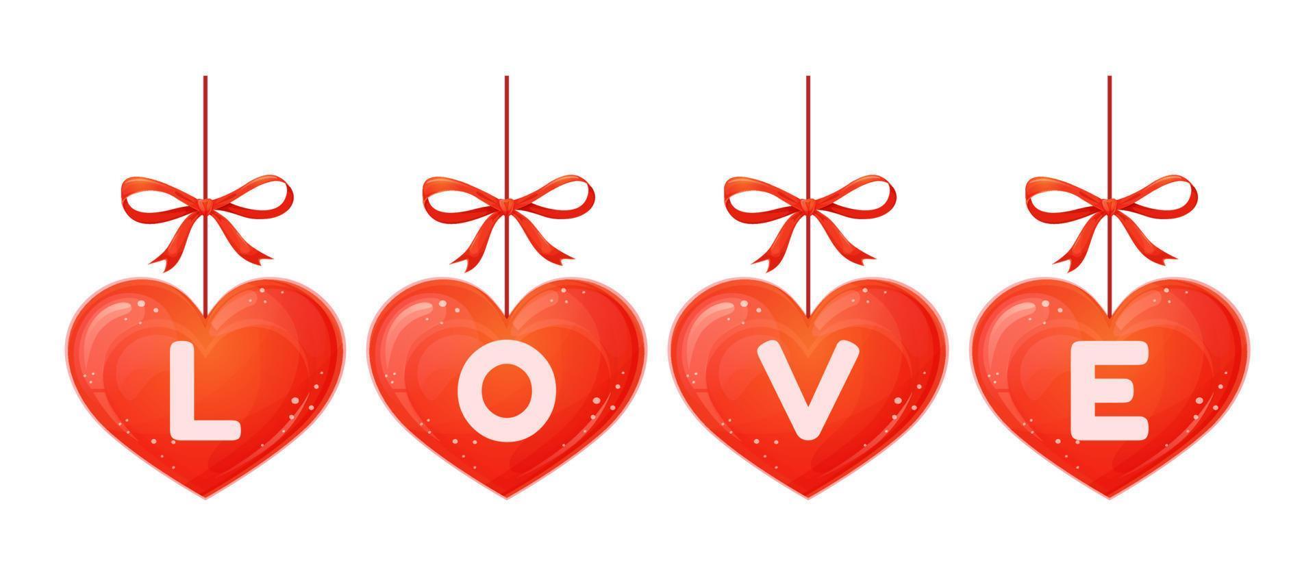 hjärtan hängande dekoration med kärlek text. valentines dag. söt prydnad. vektor illustration för design isolerat på vit bakgrund.