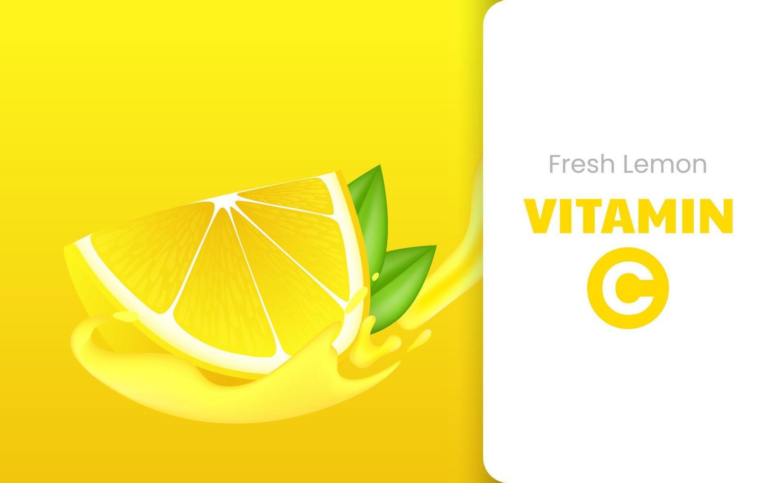 vitamin c löslig bubblande piller med citron- smak. realistisk citron- skivad med grön blad, sur färsk frukt, ljus gul krydda. vektor realistisk affisch av citron- juice med stänk och droppar.