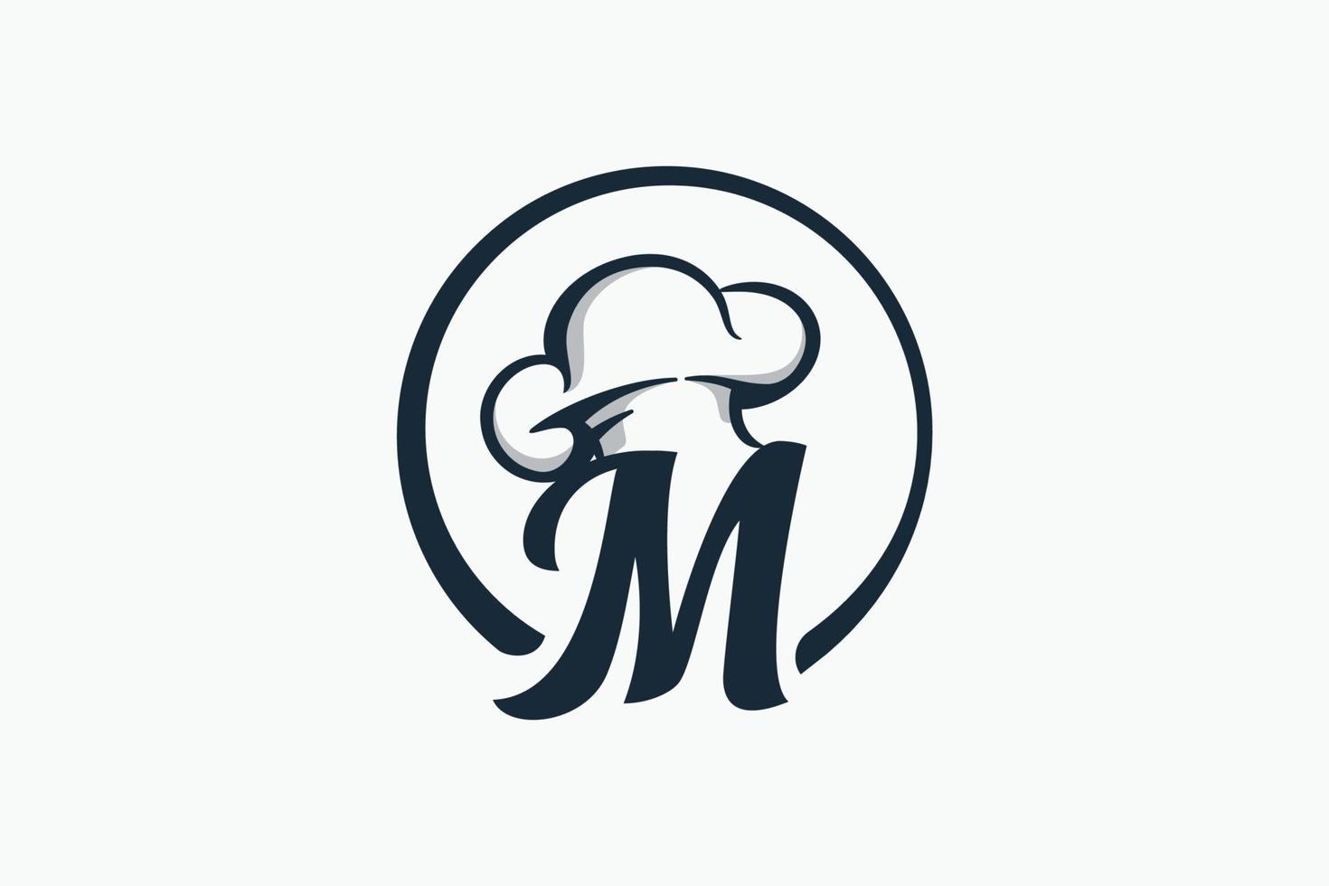 kock logotyp med en kombination av brev m och kock hatt för några företag framförallt för restaurang, Kafé, catering, etc. vektor