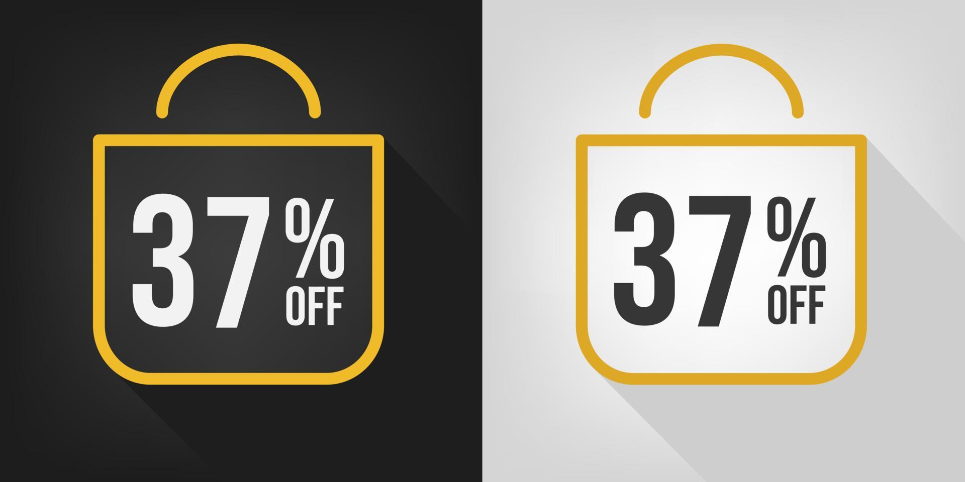 37 Prozent Rabatt. schwarzes, weißes und gelbes Banner mit siebenunddreißig Prozent Rabatt. Einkaufstasche-Konzeptvektor. vektor