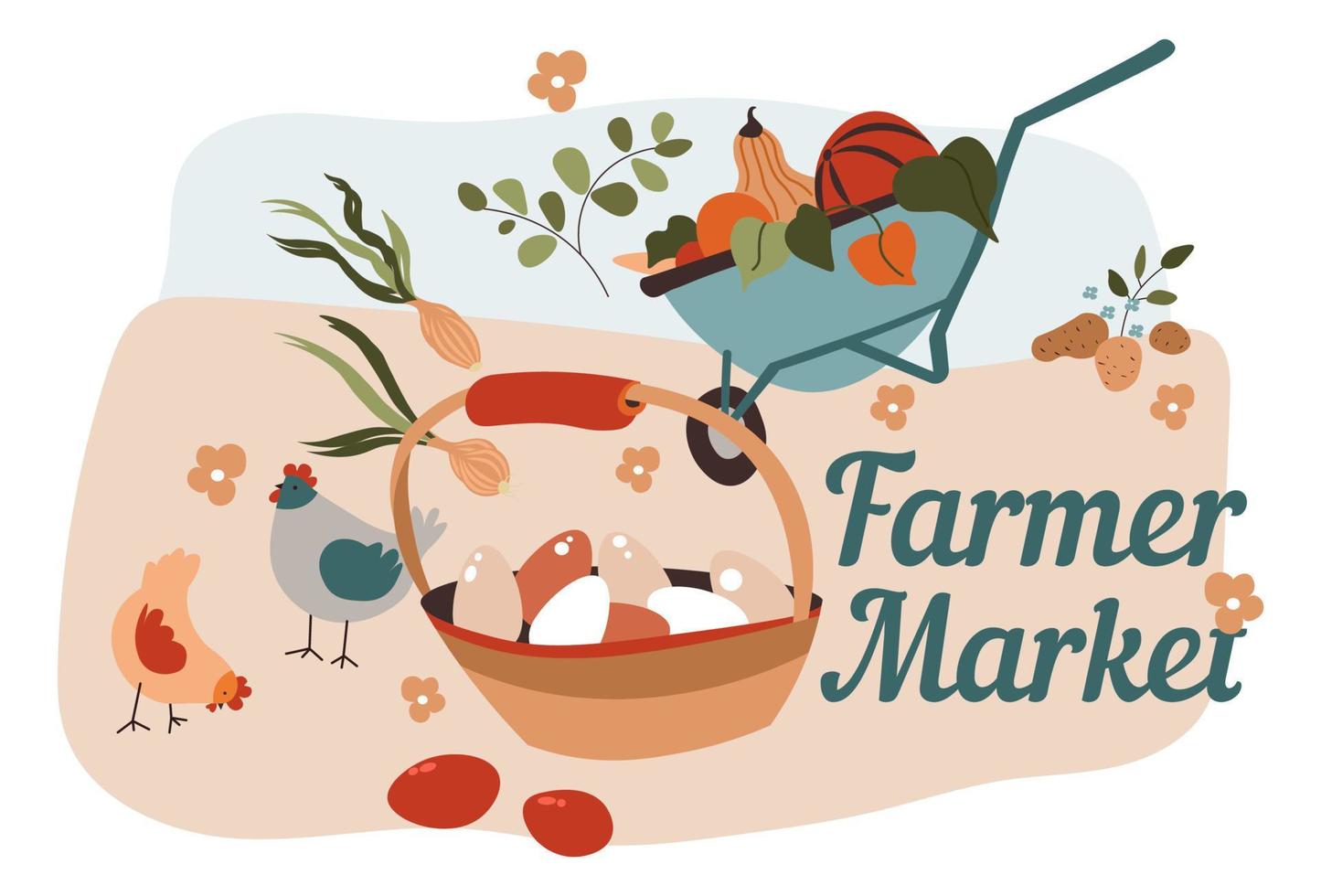 jordbrukare marknadsföra, försäljning ägg och mogen grönsaker vektor