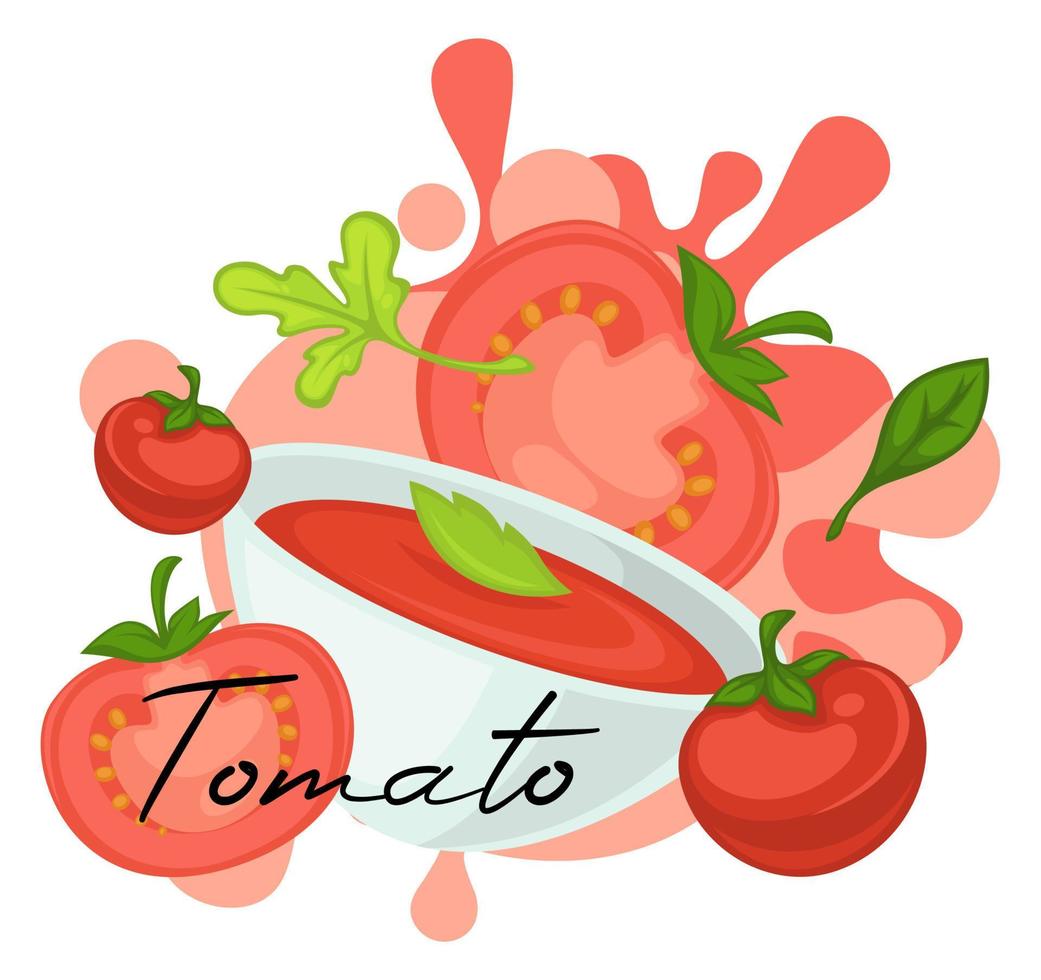 Tomatensuppe und frisches Gemüse mit Basilikumkraut vektor