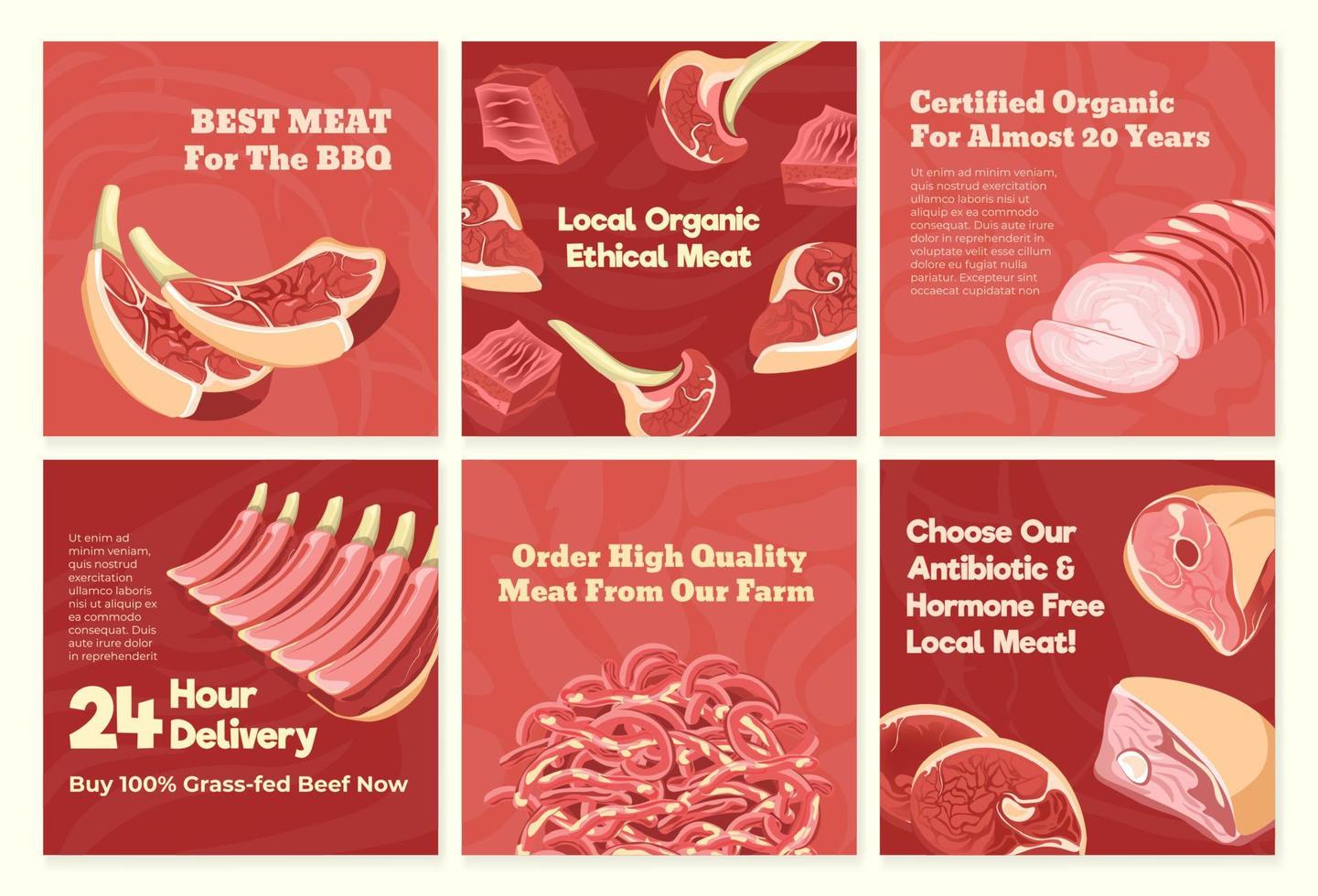 social media uppsättning med kött produkt reklam vektor
