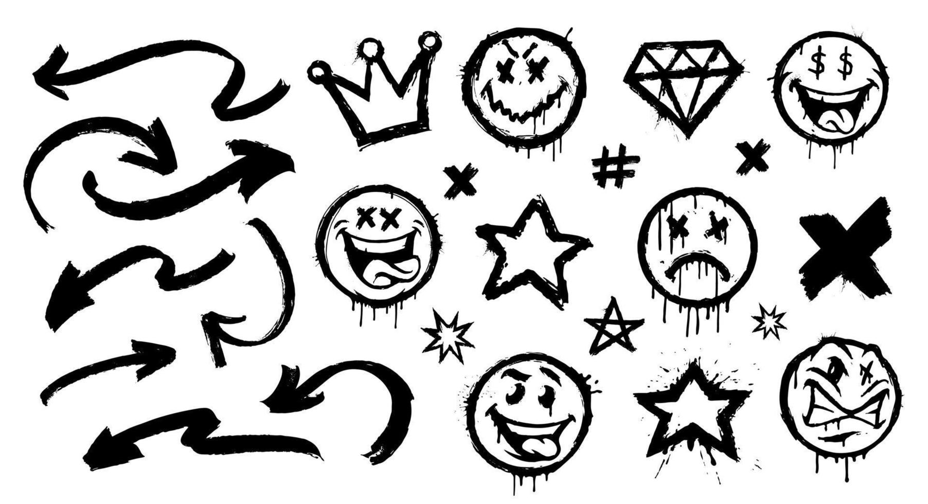 Satz von Vektor-Graffiti-Sprühmustern wie Lächeln, Tag, Emoji vektor