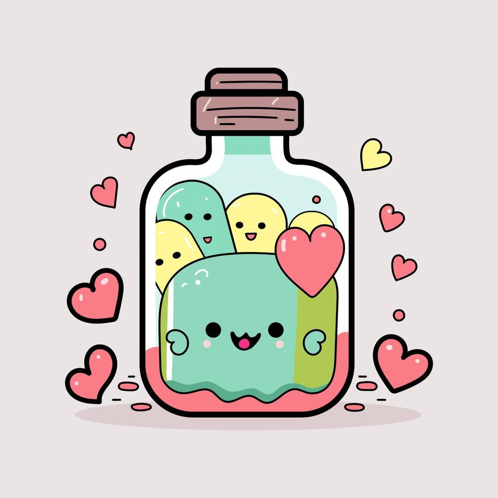 hand gezeichnete valentinstag-gekritzelzeichnungen liebesbrief in der flasche herzen valentine kawaii karikaturillustration vektor