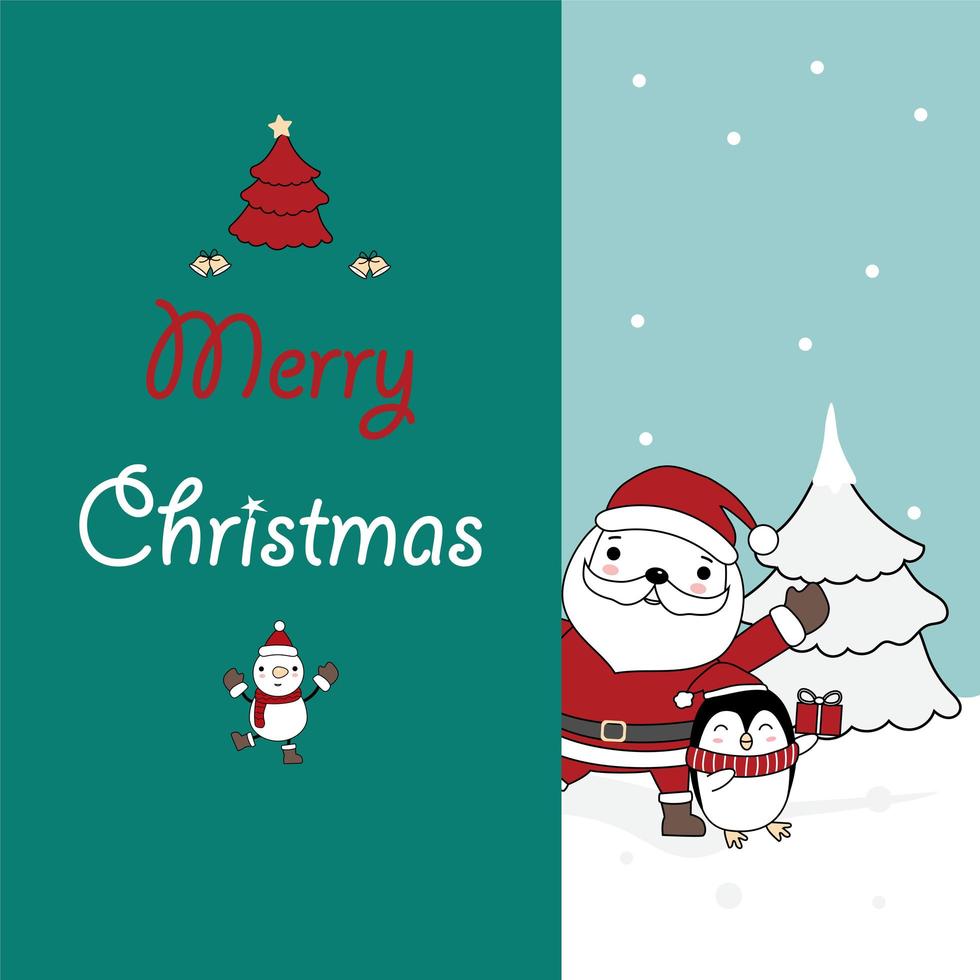 jul gratulationskort med santa och baby pingvin vektor