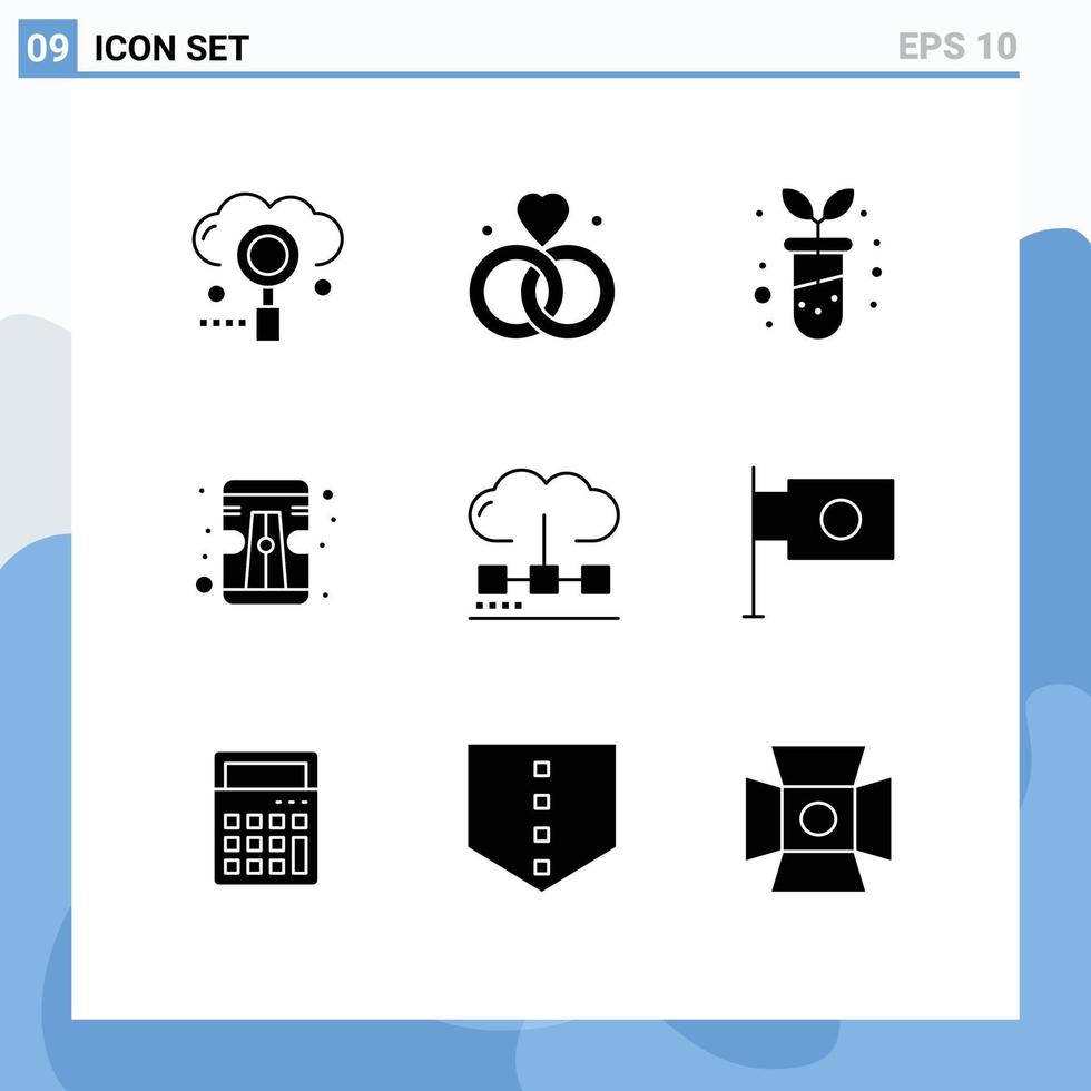 9 universelle solide Glyphen, die für Web- und mobile Anwendungen festgelegt werden, Engine Cloud Wedding Tool Bleistift editierbare Vektordesign-Elemente vektor
