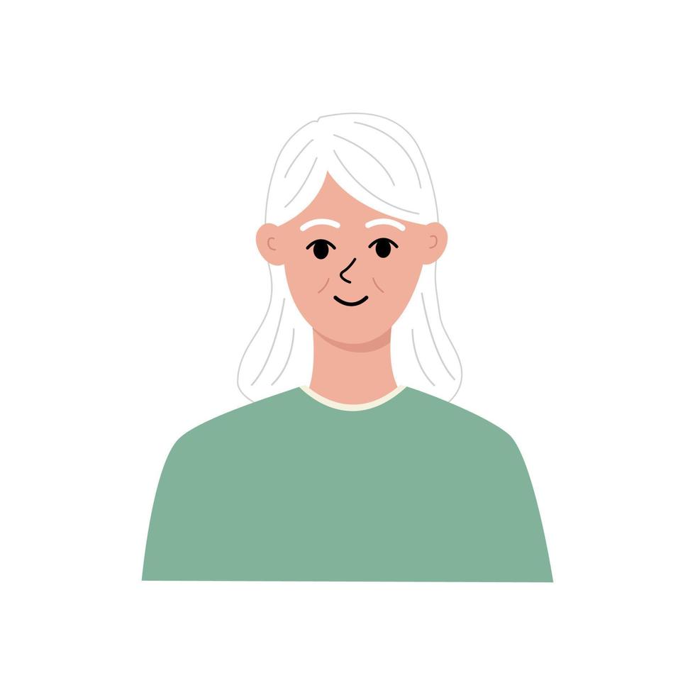 moderne Porträtwohnung der alten Frau. nette ältere weibliche grauhaarige figur im blauen t-shirt. Gesicht, Kopfportrait. hand gezeichnete vektorillustration lokalisiert auf weißem hintergrund. vektor