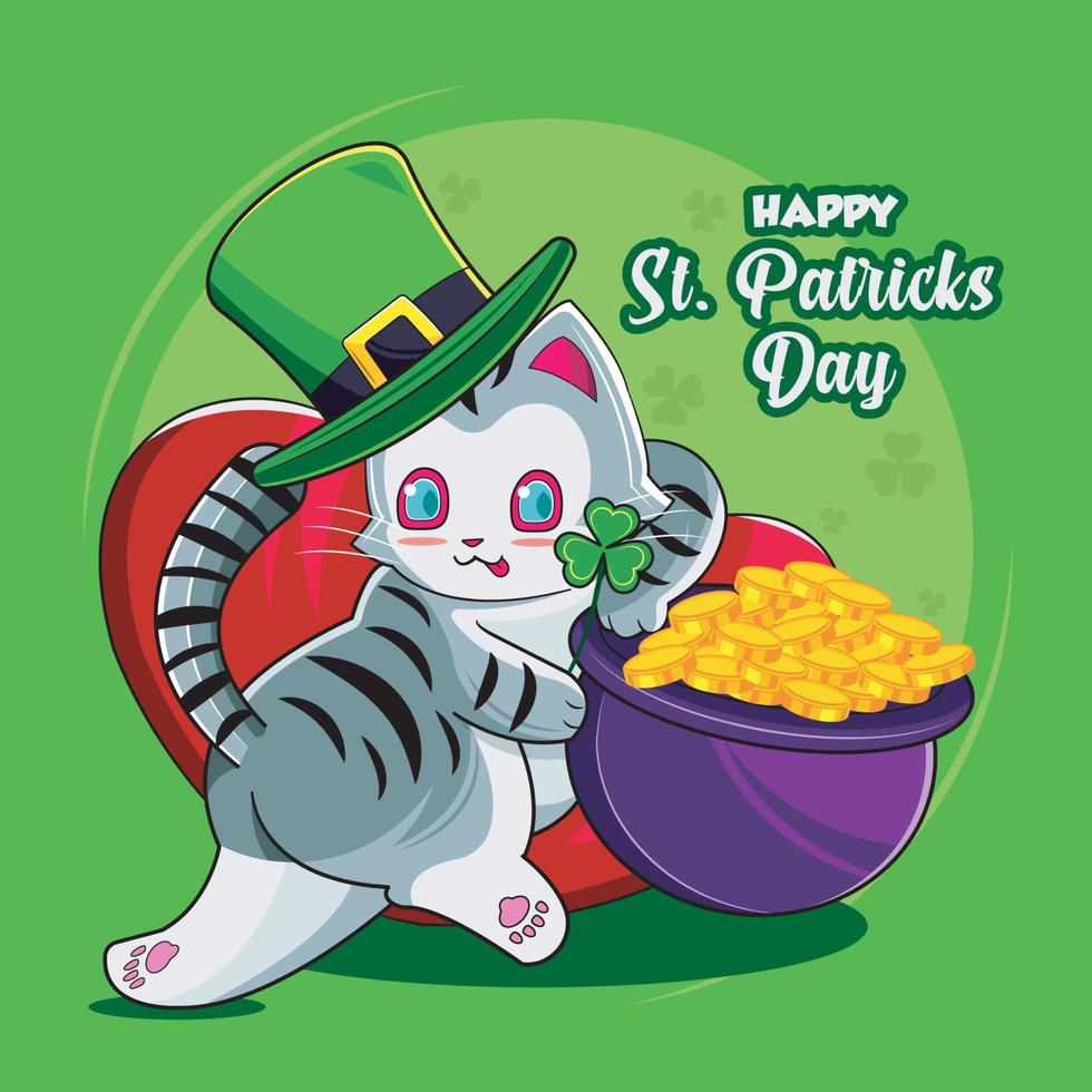 fröhlichen St. Patrick's Day. niedliche Katze mit großem Kessel und goldenen Münzen Vektor-Illustration kostenloser Download vektor