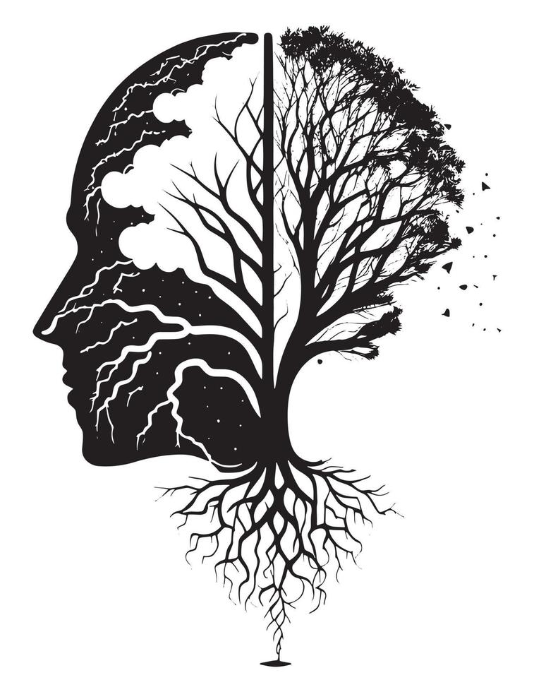 Silhouette eines Baumes und einer Kombination aus menschlichem Gesicht vektor