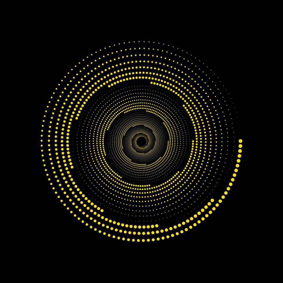 gelber kreisförmiger gepunkteter Spiralwirbel auf einem schwarzen Hintergrundvektor. rundes Strudelmuster punktiert Wellendesign. vektor