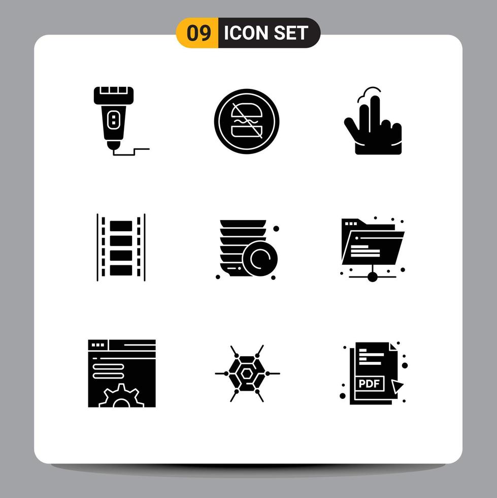 Aktienvektor-Icon-Pack mit 9 Zeilenzeichen und Symbolen für Filmstreifen-Film-Diät-Animation, handbearbeitbare Vektordesign-Elemente vektor