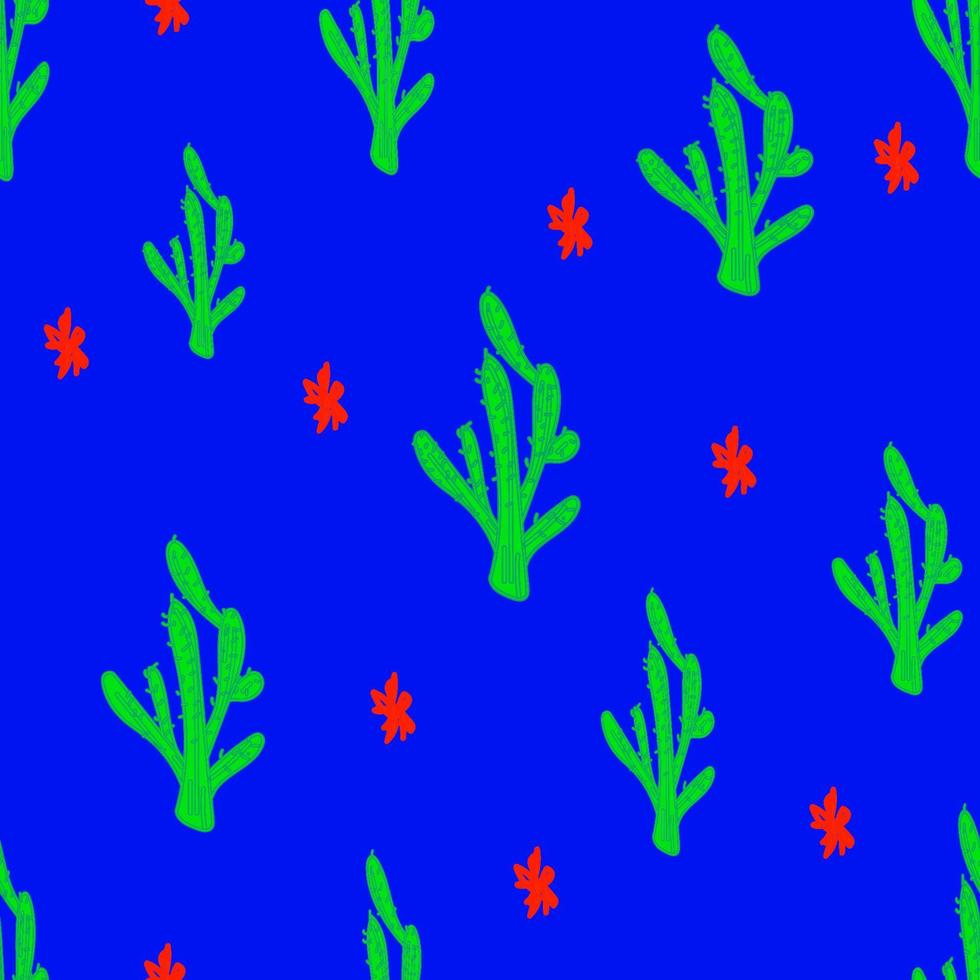 sömlös vektor hand dragen mönster med söt kaktus och blommor, botaniska illustration för tapeter, omslag och förpackning design, färgglad motiv för tyg och textil- i platt stil