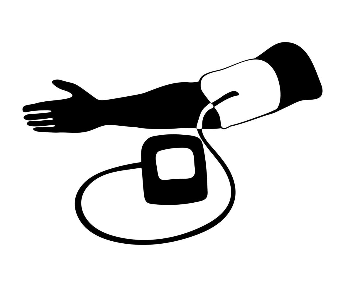 schwarz-weißes Logo der Hand mit Tonometer, Druckmessung, Therapeut vektor