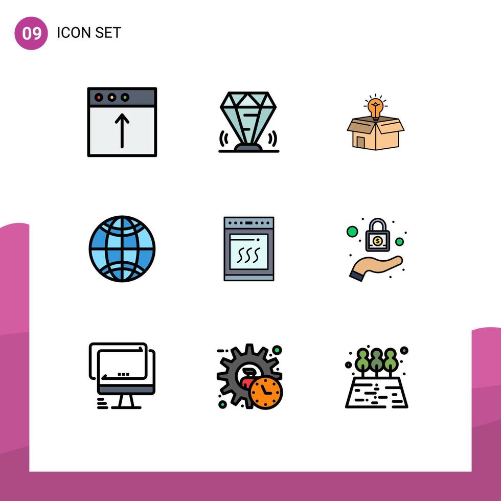 redigerbar vektor linje packa av 9 enkel fylld linje platt färger av ugn klot juvel global lösning redigerbar vektor design element