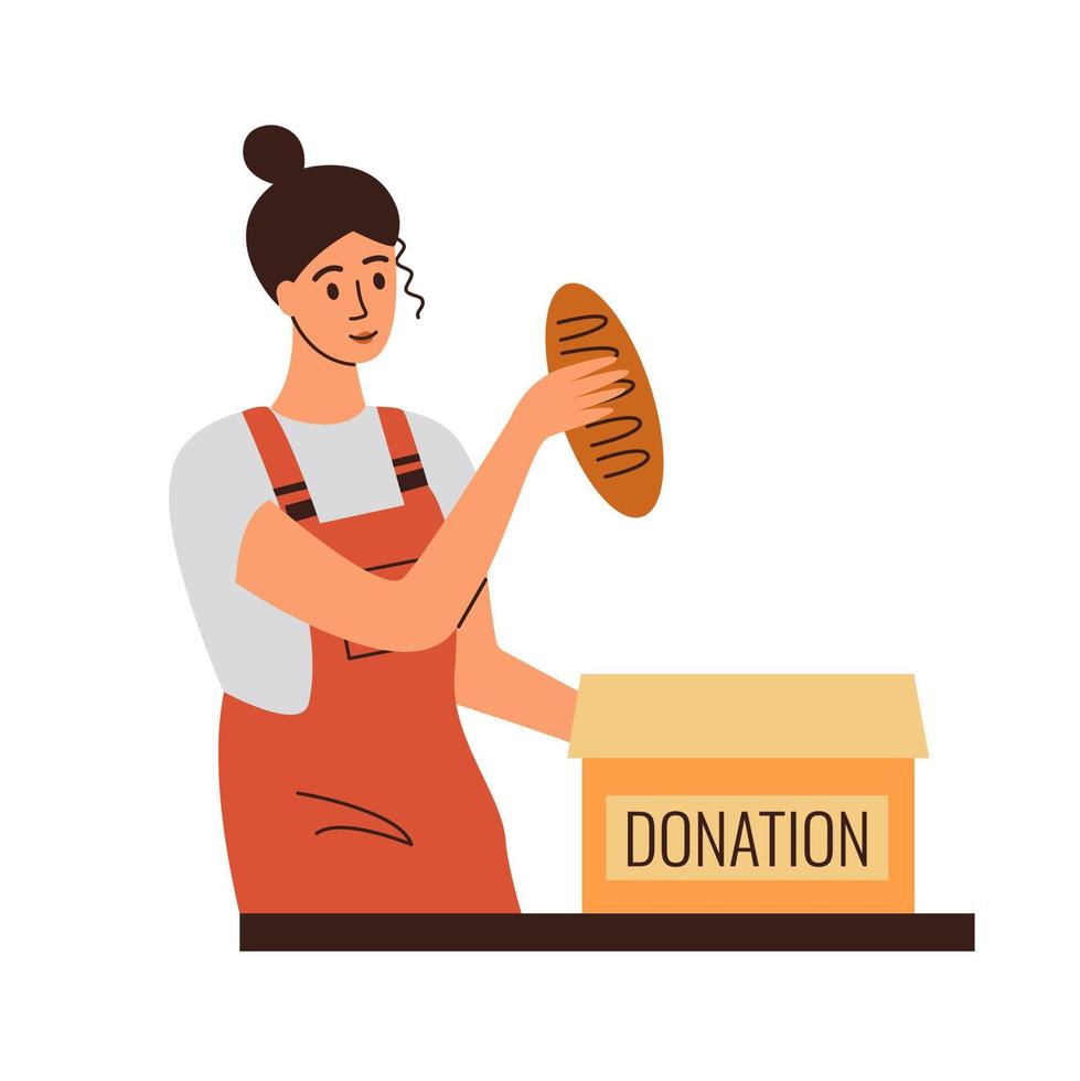 donation, välgörenhet fundament begrepp. en kvinna sätter bröd i en låda för donation. vektor