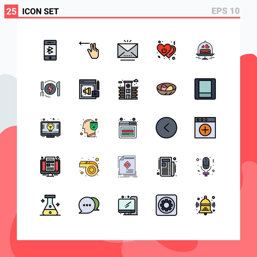 25 universell gefüllte Linien flache Farbzeichen Symbole der Kuchenleistung E-Mail aus Herz editierbare Vektordesign-Elemente vektor