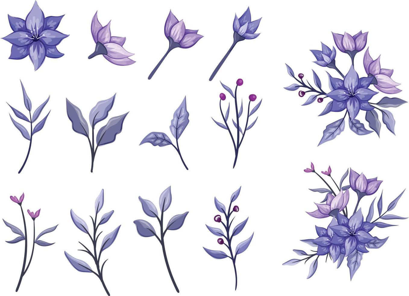 uppsättning botaniska blomma blommig element. grenar, löv, örter, vild växter, blommor. trädgård, äng, fält samling blad, lövverk, grenar. blomma vektor illustration isolerat på vit bakgrund