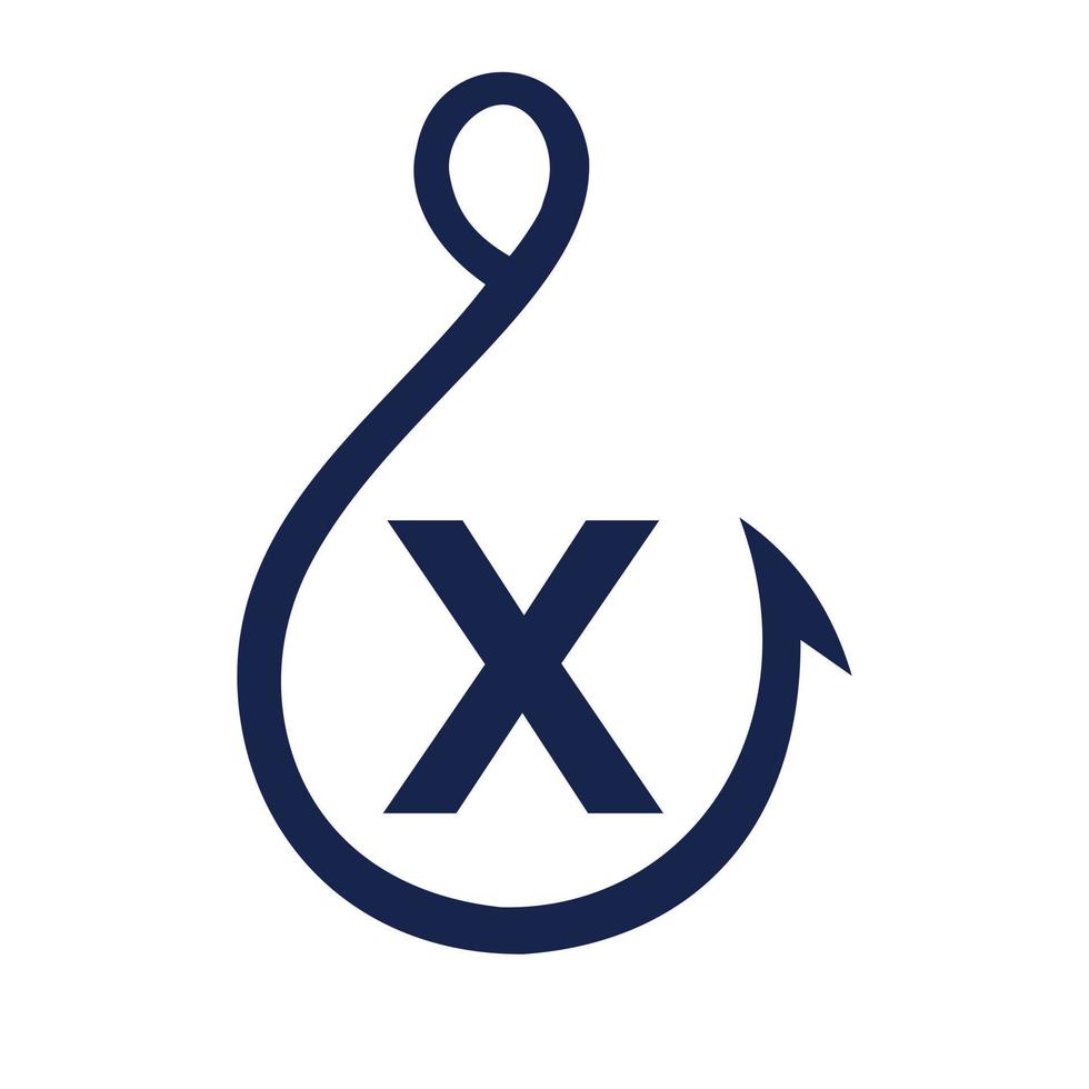 Angellogo auf Buchstabe x-Zeichen, Angelhaken-Logo-Vorlage vektor