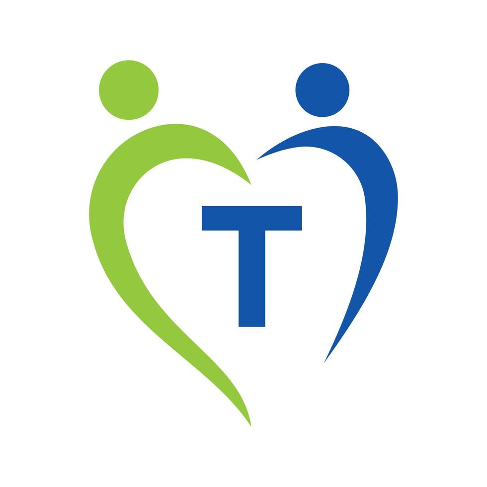 Community-Care-Logo auf Buchstabe t-Vektorvorlage. Teamarbeit, Herz, Menschen, Familienpflege, Liebeslogos. Wohltätigkeitsstiftung kreatives Spendenschild für wohltätige Zwecke vektor