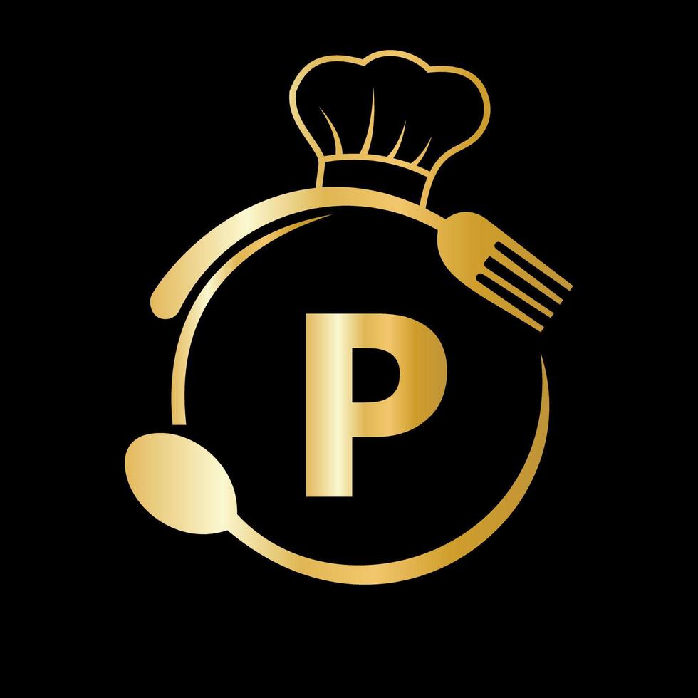 restaurang logotyp på brev p med kock hatt, sked och gaffel symbol för kök tecken, Kafé ikon, restaurang, matlagning företag vektor