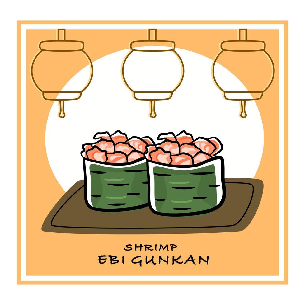 Satz Gunkan-Sushi mit Garnelen. köstliche ebi-sushi-illustration. vektor