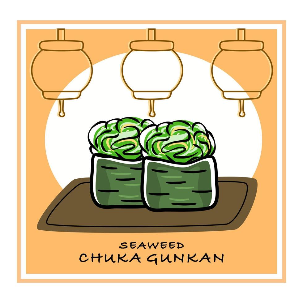 en uppsättning av gunkan maki sushi med chuka tång. vektor illustration av asiatisk mat med äkta bakgrund.