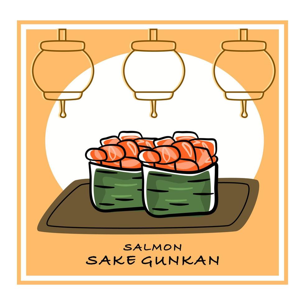uppsättning av gunkan maki sushi med lax. vektor illustration av asiatisk mat.