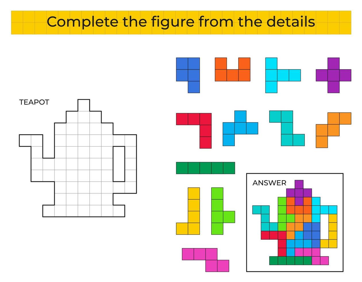 Puzzlespiel mit Teekanne. bunte Details für Kinder. komplette Figur. bildungsspiel für kinder, vorschularbeitsblattaktivität. Puzzlespiel. Vektor-Illustration. vektor