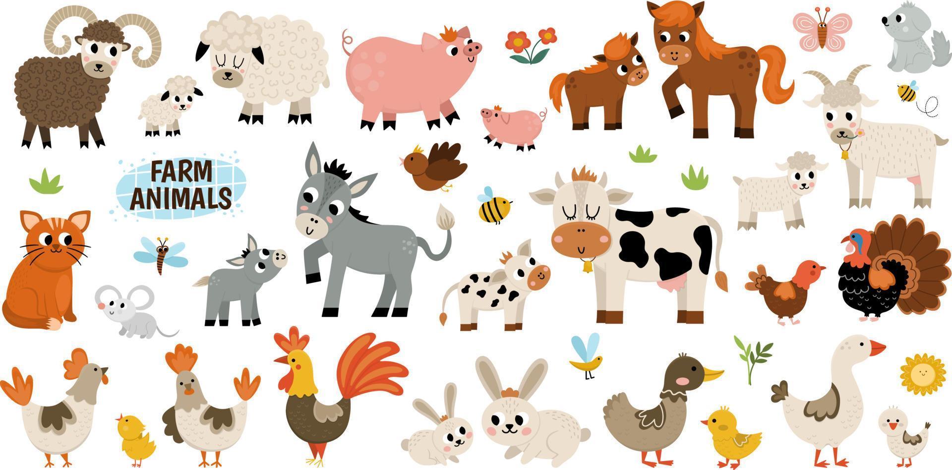 große Vektor-Nutztiere gesetzt. Große Sammlung mit Kuh, Pferd, Ziege, Schaf, Ente, Henne, Schwein und ihren Babys. Landvögel-Illustrationspaket. süße Mutter- und Babysymbole. ländliche thematische natursammlung vektor