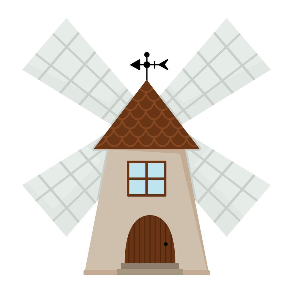 Vektor-Windmühlensymbol isoliert auf weißem Hintergrund. flache windmühlenillustration. süßes Bauernhaus zum Mahlen von Getreide. ländliches oder Gartennebengebäudebild vektor