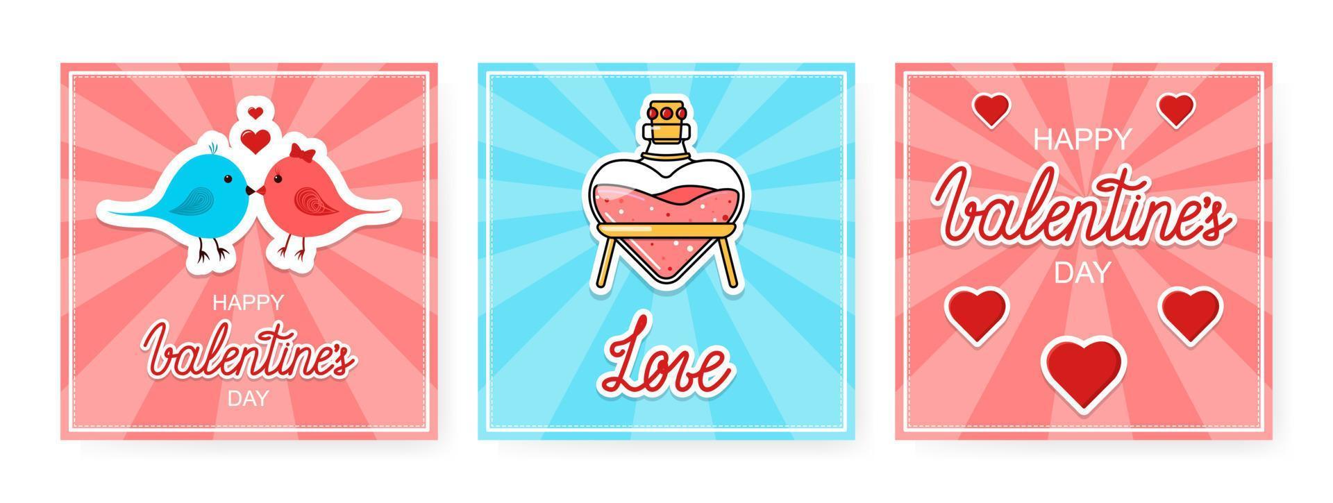 Vektor Happy Valentines Banner gesetzt. drei klassische quadratische postkarten für den 14. februar.