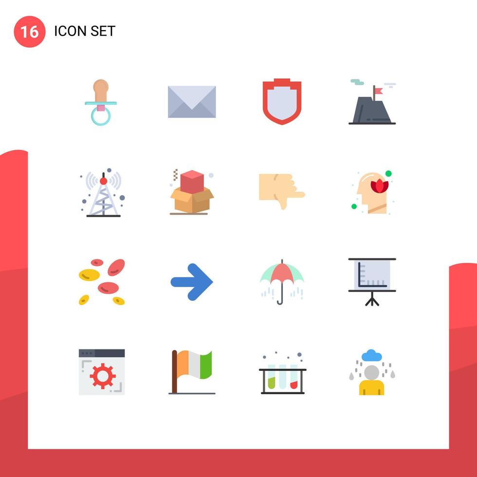 Gruppe von 16 flachen Farbzeichen und Symbolen für Landerfolg E-Mail Bergschild editierbares Paket kreativer Vektordesign-Elemente vektor