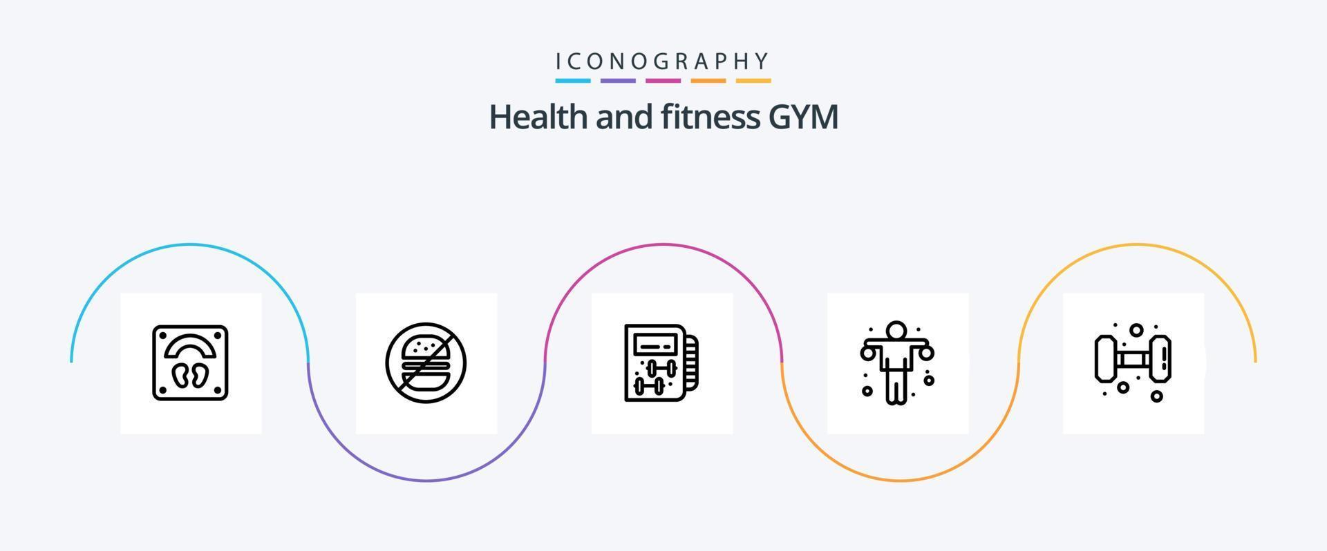 Gym Line 5 Icon Pack inklusive Fitnessstudio. Sport. Fitness. Fitnessstudio. Hantel vektor