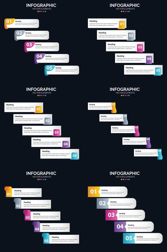 Vektor 6 Infografiken Pack Präsentationsfolie Vorlage 5 Schritte Zyklusdiagramme und Zeitleisten