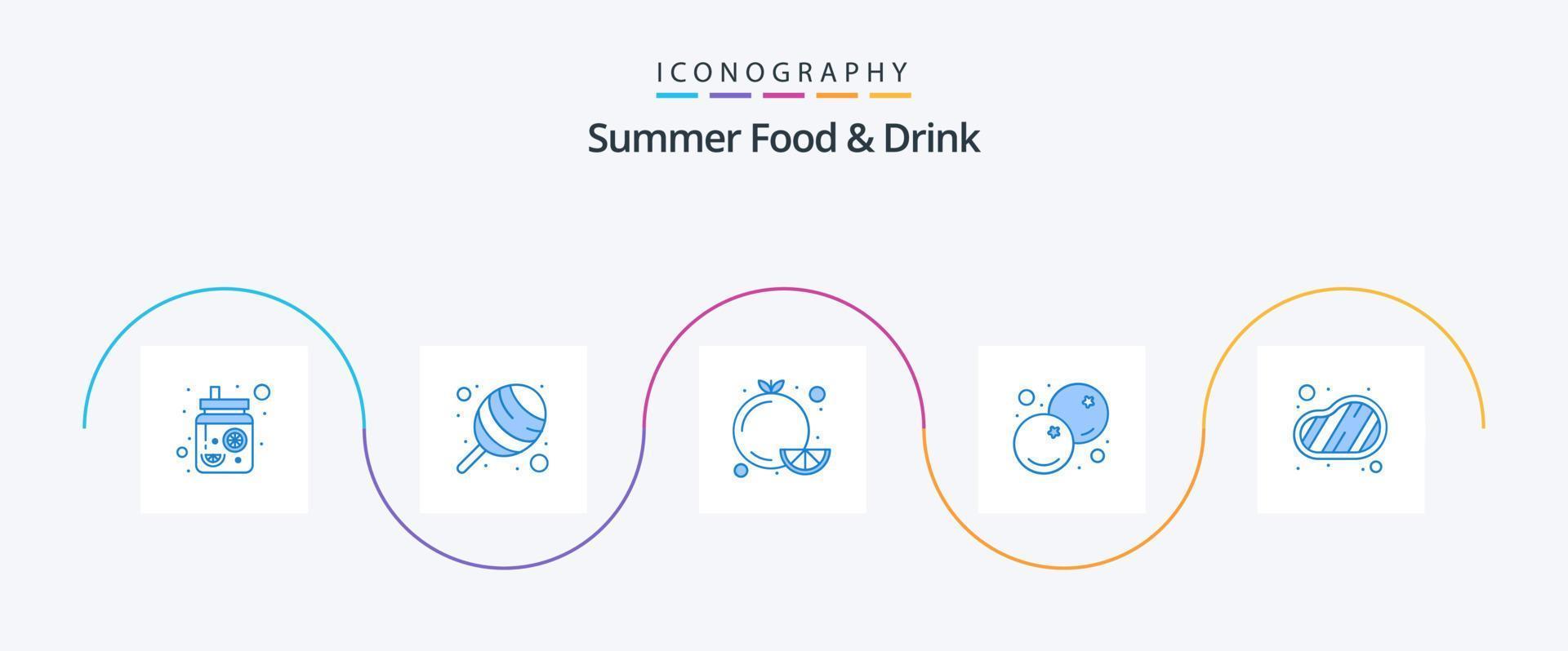 sommar mat och dryck blå 5 ikon packa Inklusive biff. bbq. mat. friska. mat vektor