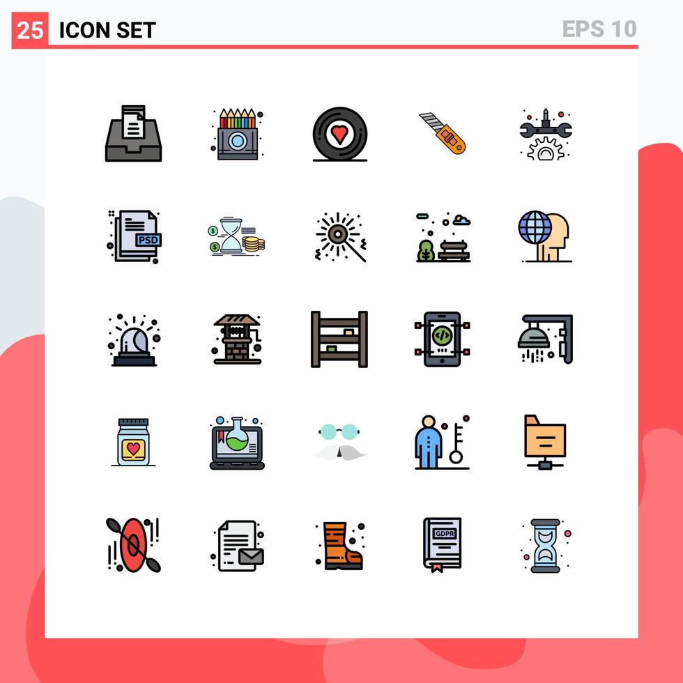 moderner Satz von 25 gefüllten Linien, flachen Farben und Symbolen wie Wartungsschneider-Design Reparaturmesser bearbeitbare Vektordesign-Elemente vektor