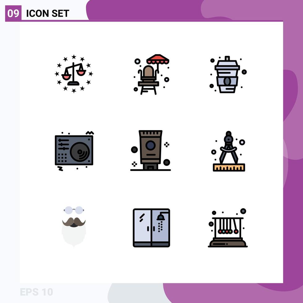 9 universell fylld linje platt Färg tecken symboler av badrum låt mat spelare audio redigerbar vektor design element