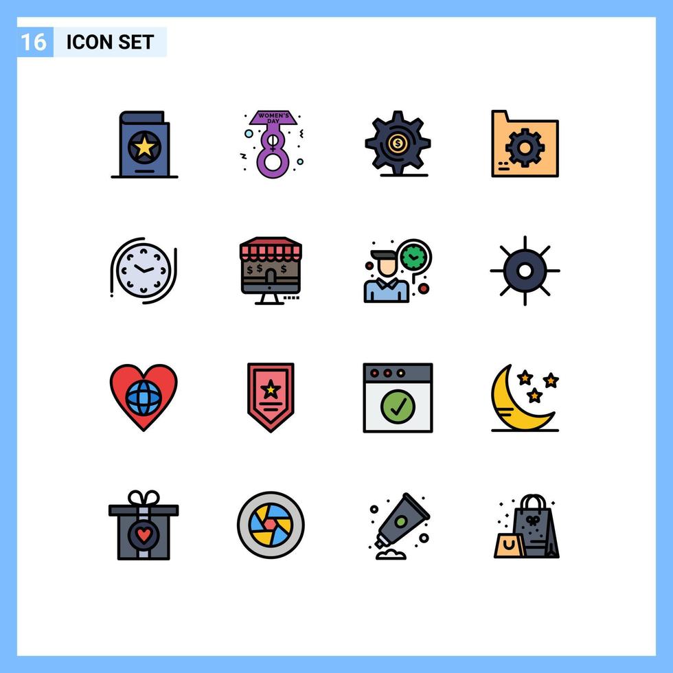 universelle Symbolsymbole Gruppe von 16 modernen, flachen, farbgefüllten Linien der Uhrendokument-Geschäftsdatenbank verbinden editierbare kreative Vektordesign-Elemente vektor