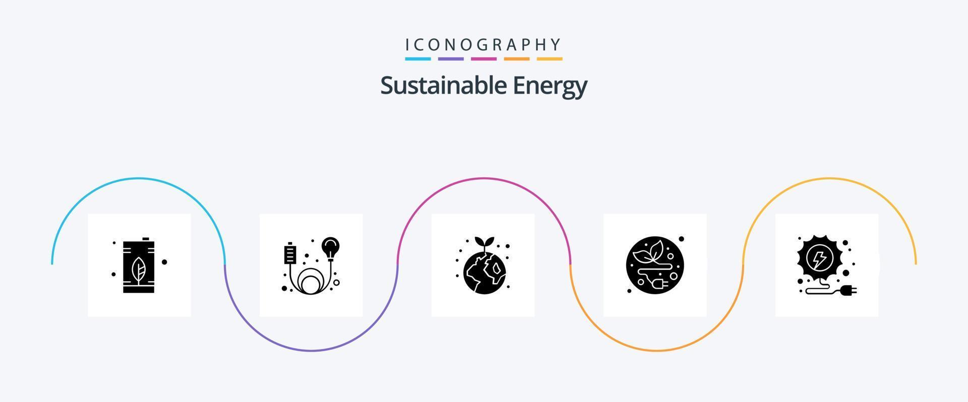hållbar energi glyf 5 ikon packa Inklusive energi. blad. energi. elektrisk plugg. växt vektor
