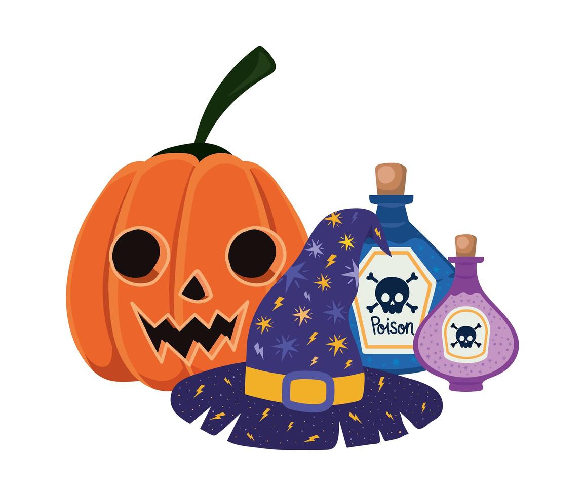 Halloween Kürbis Cartoon Hexenhut und Giftflaschen vektor