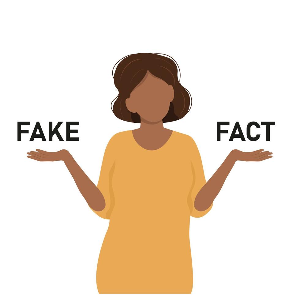 svart kvinna rycker på axlarna med en nyfiken uttryck och påfrestande till välja mellan falsk och faktum, tvivel eller fråga vektor