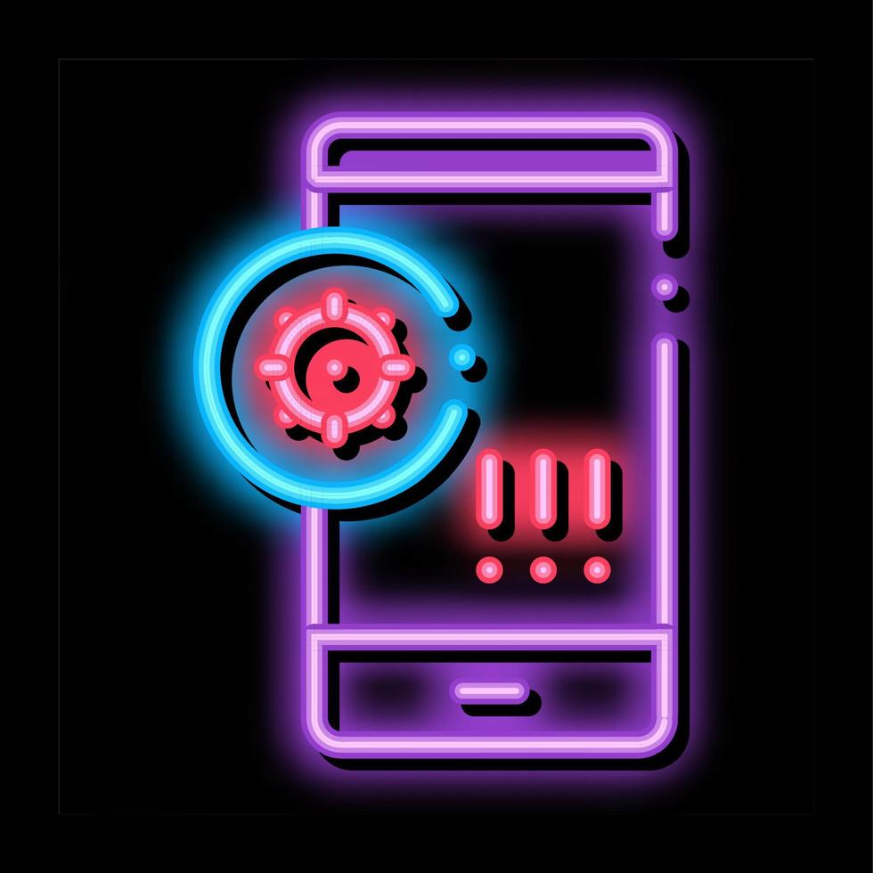 bakterie upptäckt på mobil telefon neon glöd ikon illustration vektor