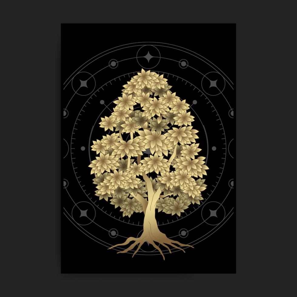 mystischer goldener baum mit heiliger geometrie vektor