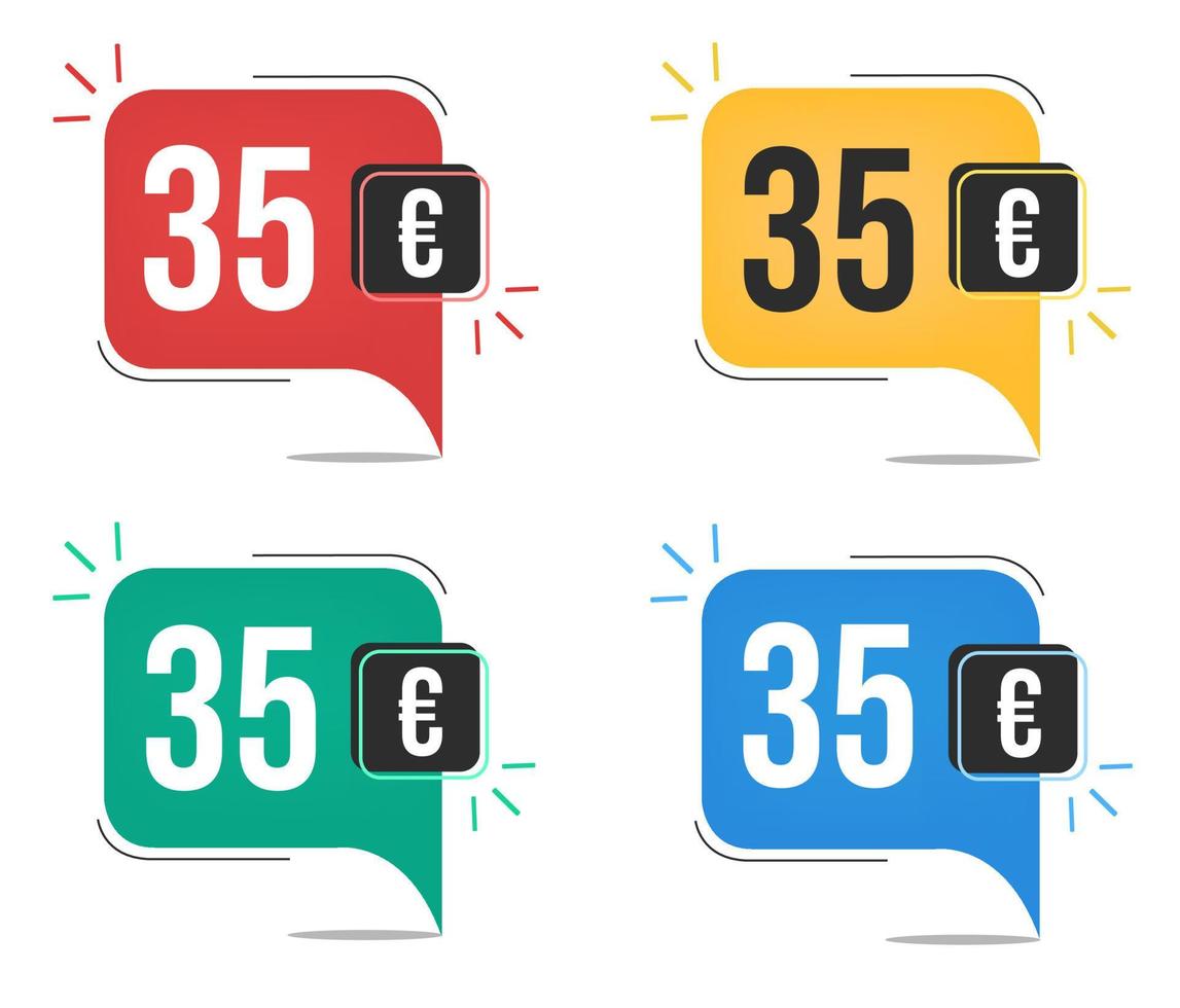 35 Euro Preis. gelbe, rote, blaue und grüne Währungsanhänger. Ballonkonzept mit fünfunddreißig Euro Umsatz. vektor