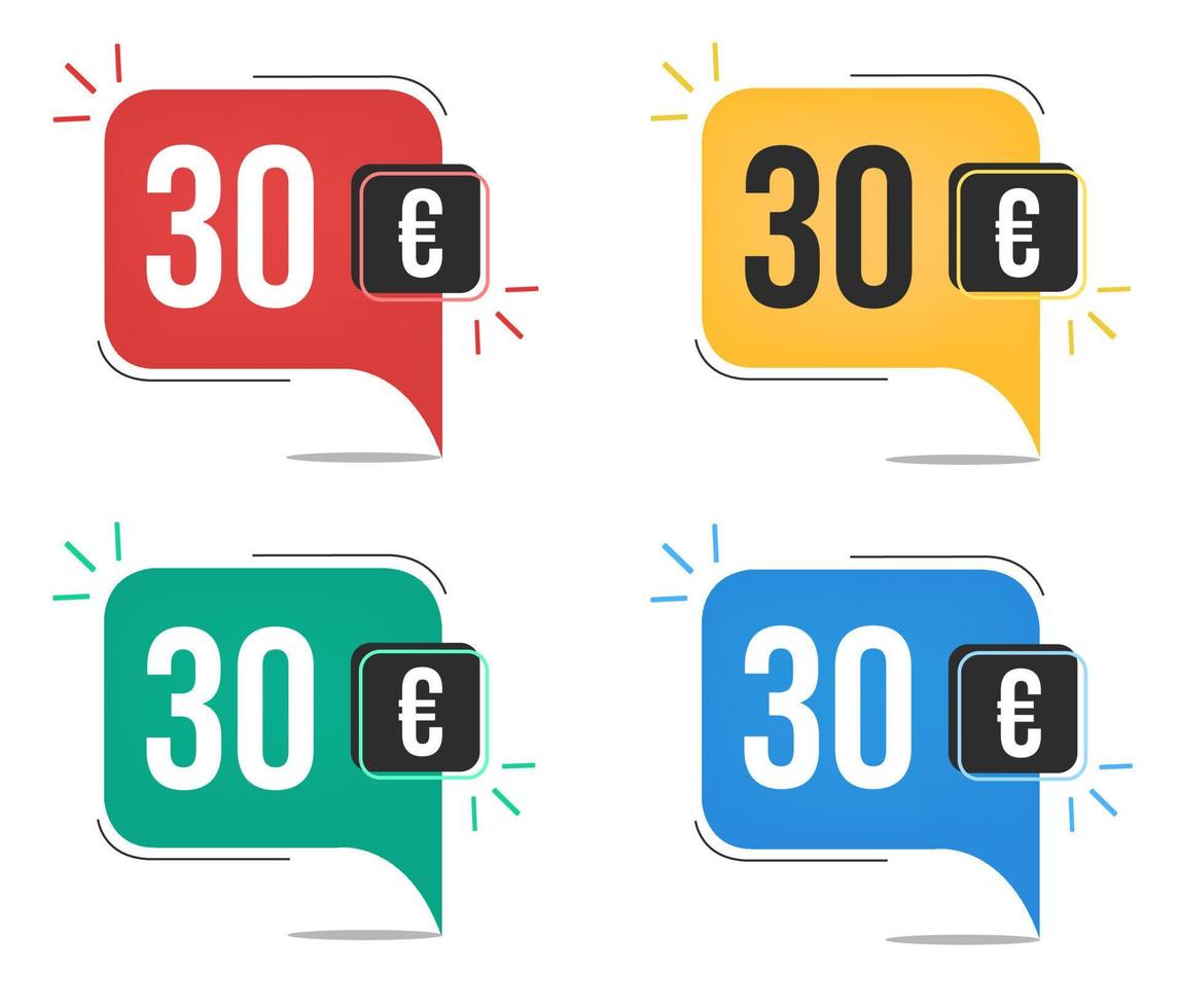 30 Euro Preis. gelbe, rote, blaue und grüne Währungsanhänger. Ballonkonzept mit dreißig Euro Umsatz. vektor