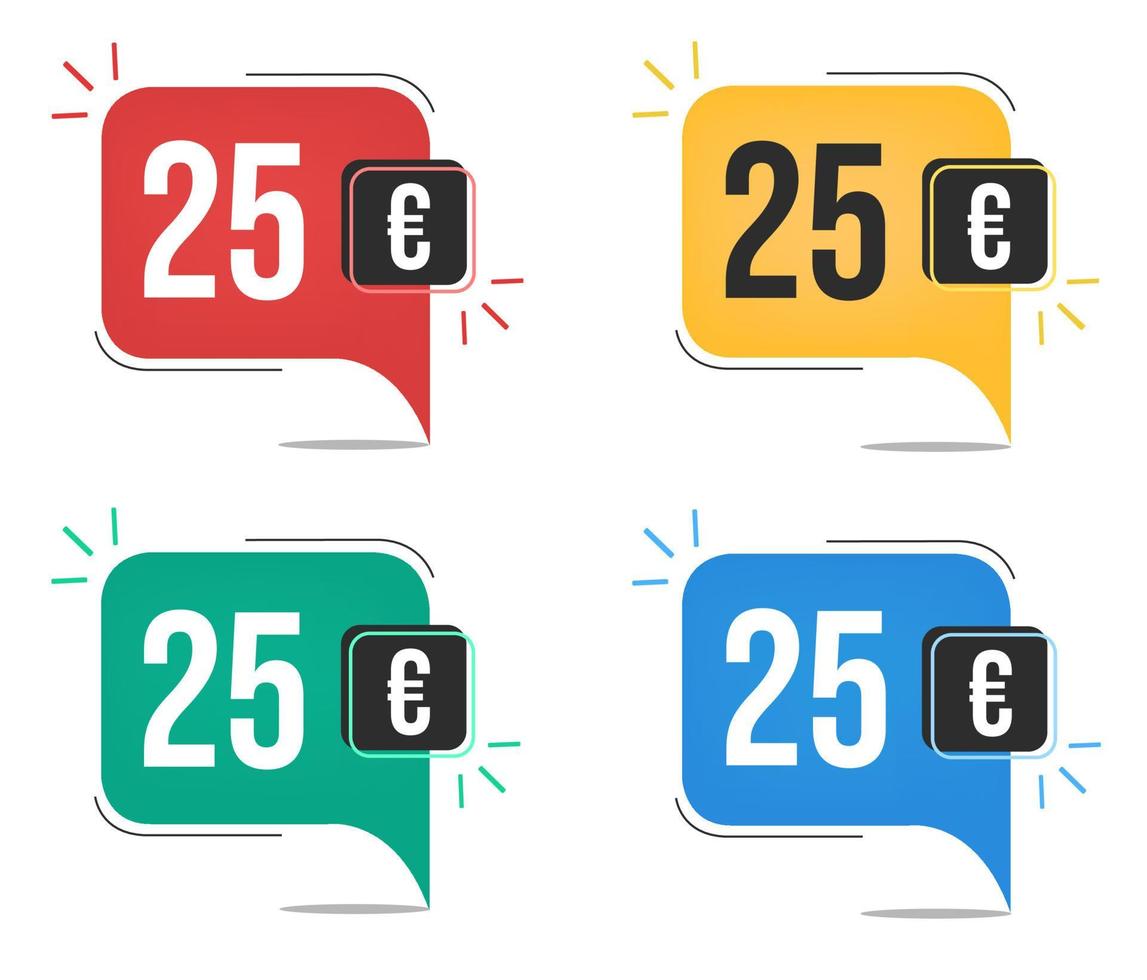 25 euro pris. gul, röd, blå och grön valuta taggar. ballong begrepp med tjugofem euro för försäljning. vektor