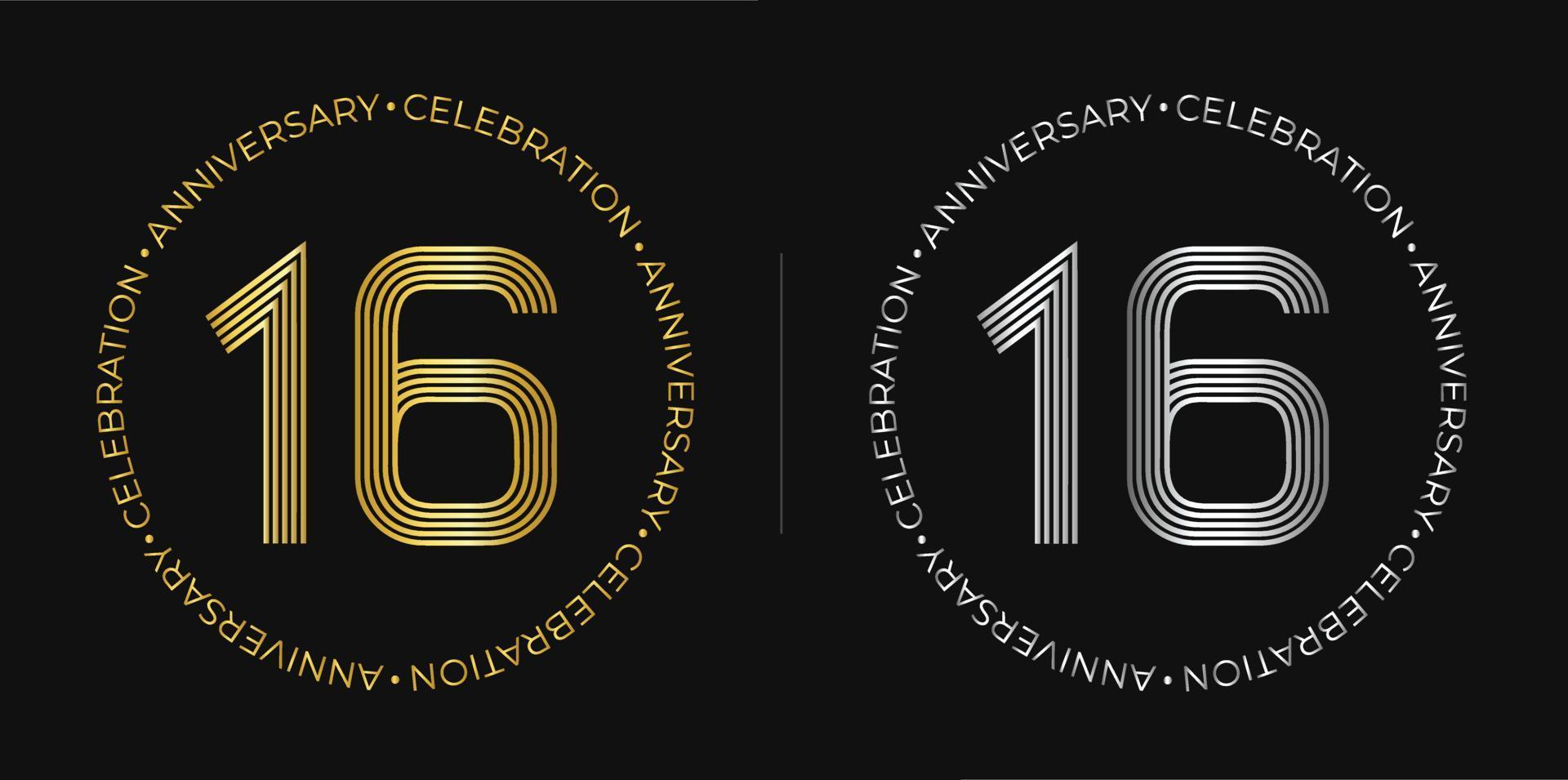 16. Geburtstag. sechzehn Jahre Jubiläumsfeier Banner in goldenen und silbernen Farben. kreisförmiges Logo mit originellem Zahlendesign in eleganten Linien. vektor
